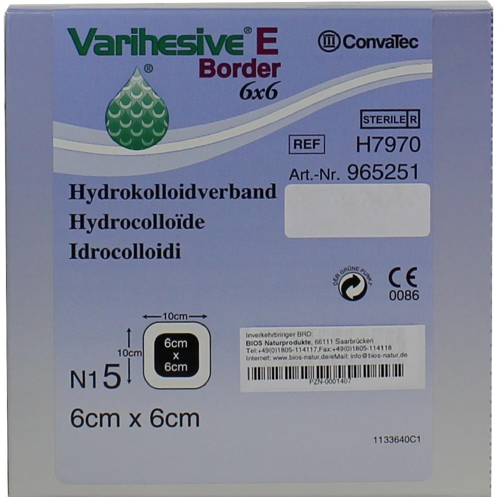 Verpackung eines 6x6 cm großen Hydrokolloidverbandes mit Produktinformationen.