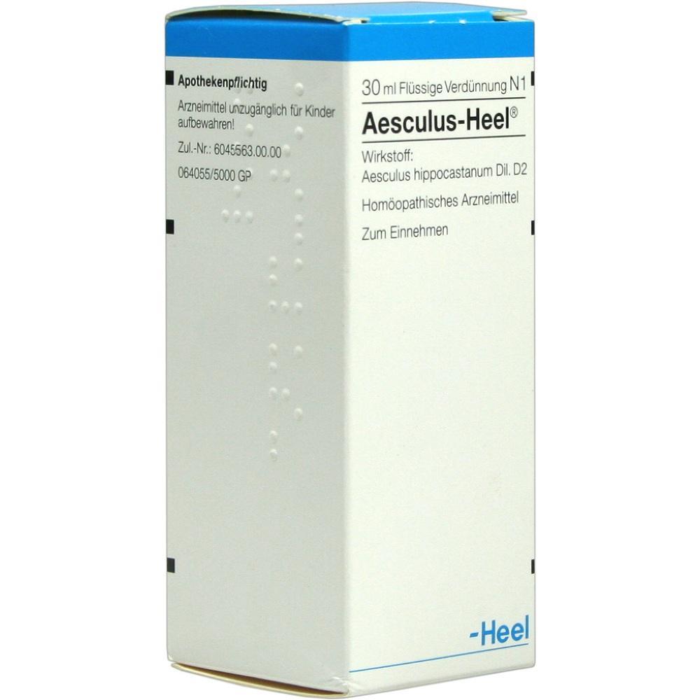 Eine weiße Verpackung für ein homöopathisches Arzneimittel namens Aesculus-Heel.