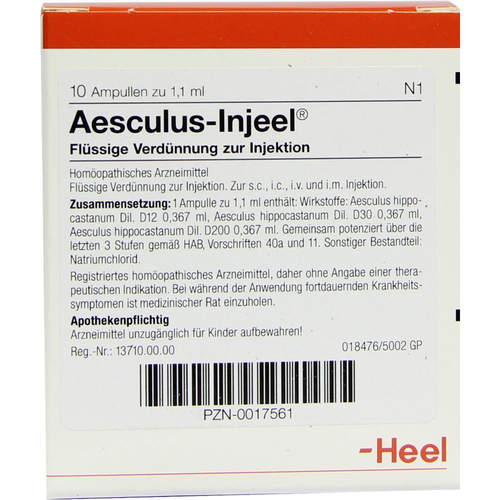 Die Verpackung zeigt homöopathische Injektionslösung namens Aesculus-Injeel.