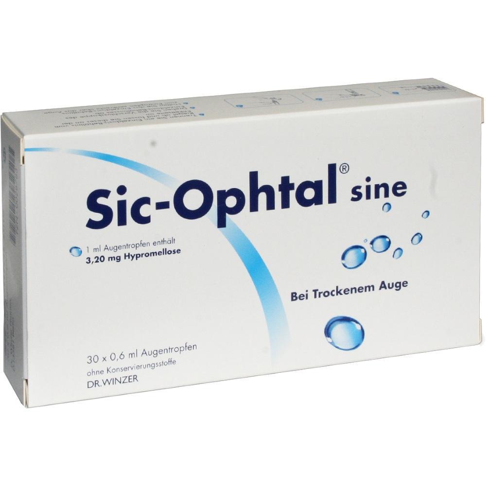Weiße Verpackung von Sic-Ophtal sine Augentropfen für trockene Augen.