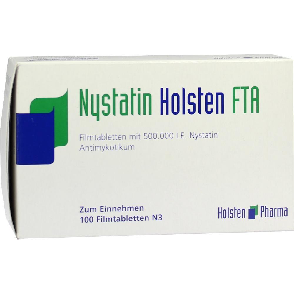 Weiße Medikamentenschachtel mit der Aufschrift "Nystatin Holsten FTA".