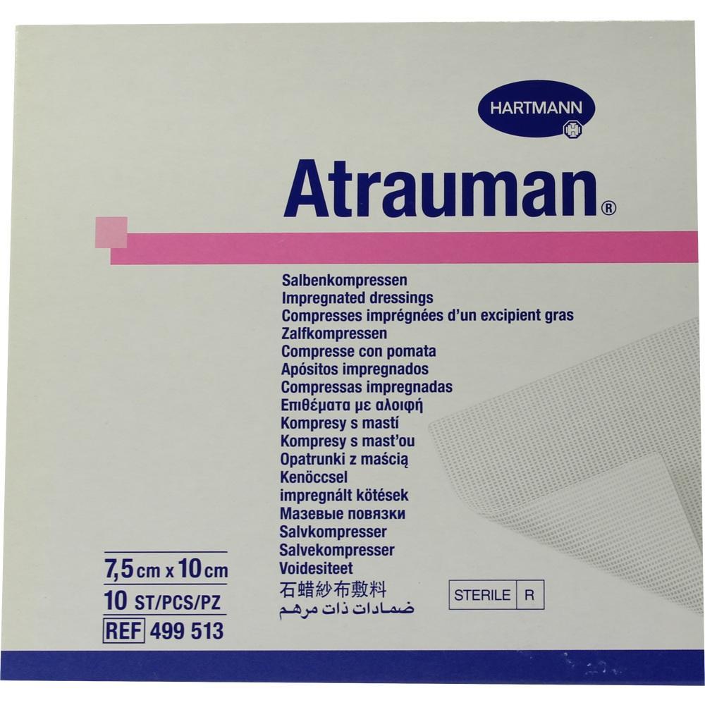 Verpackung von Atrauman Salbenkompressen in verschiedenen Sprachen.