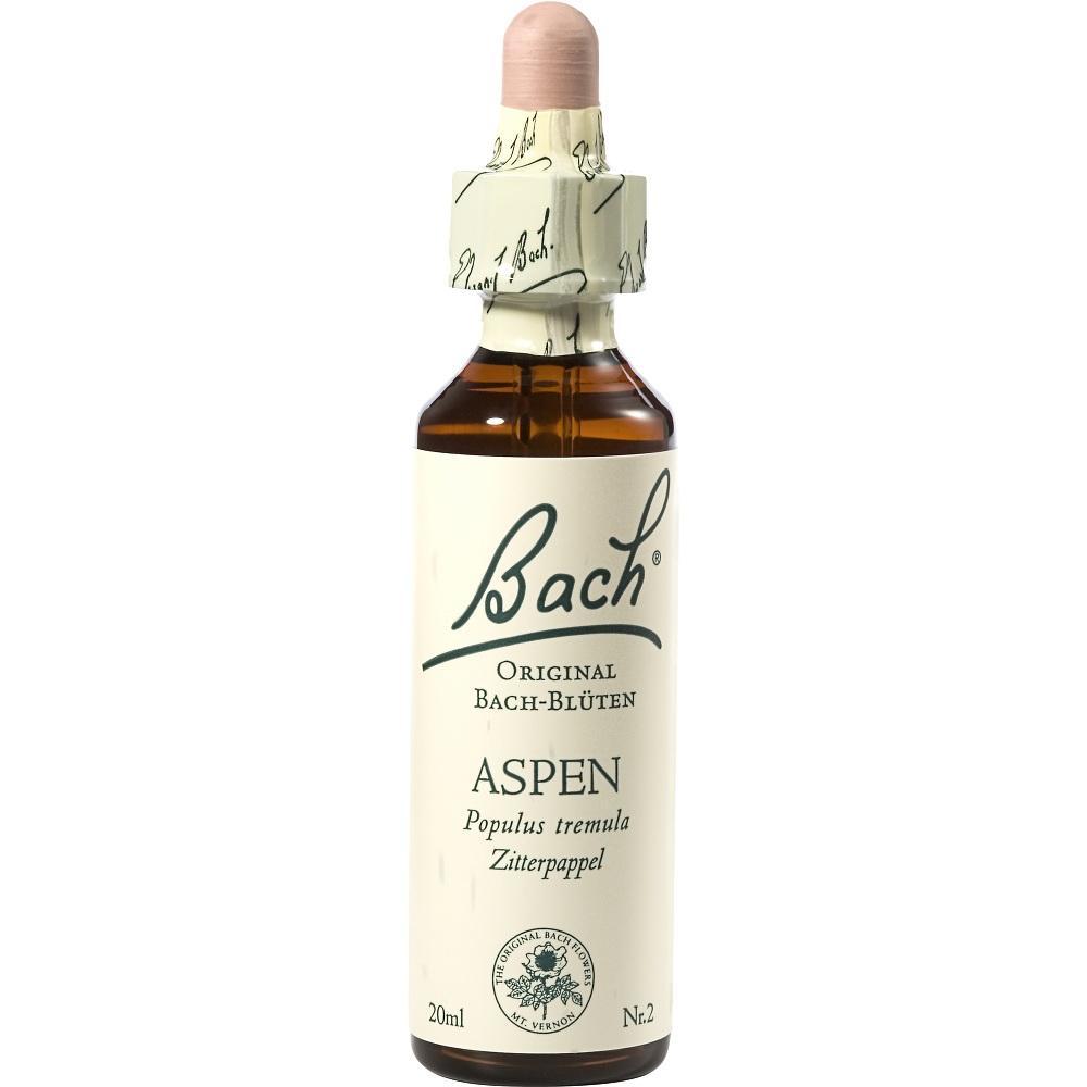 Braune Flasche mit Pipette und der Aufschrift "Bach Aspen".
