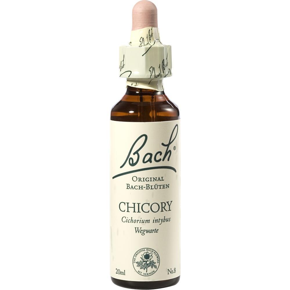 Braune Flasche mit Etikett von Bach-Blüten, Aufschrift "Chicory" und Pipettenverschluss.