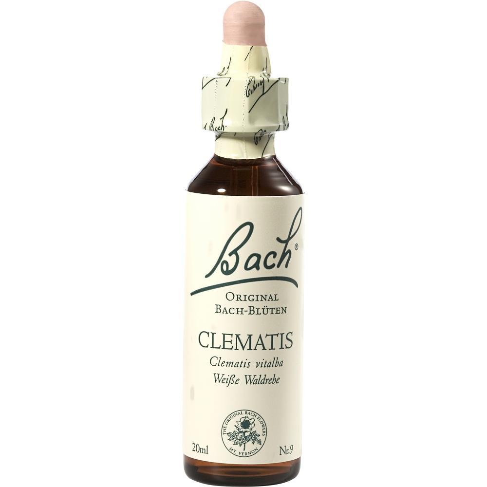 Braune Glasflasche mit Pipette und Etikett "Bach Clematis".