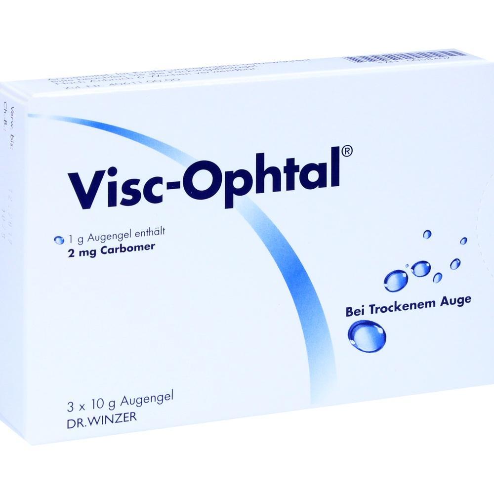 Eine Schachtel mit Augengel namens Visc-Ophtal bei trockenem Auge.