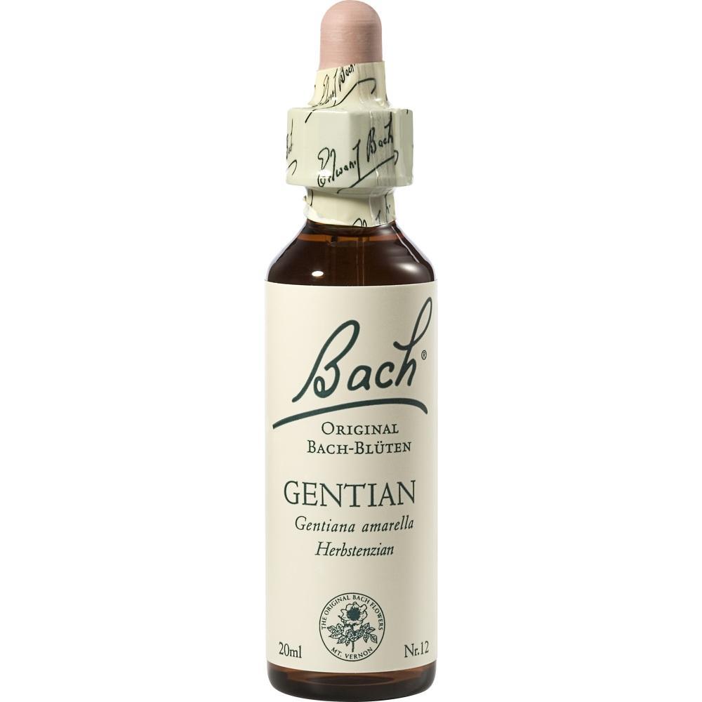 Braune Flasche mit weißem Etikett und der Aufschrift "Bach GENTIAN".