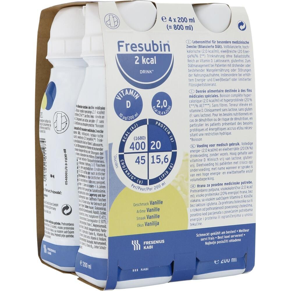Vier Flaschen Fresubin-Getränk mit Vanillegeschmack und Nährwertangaben.