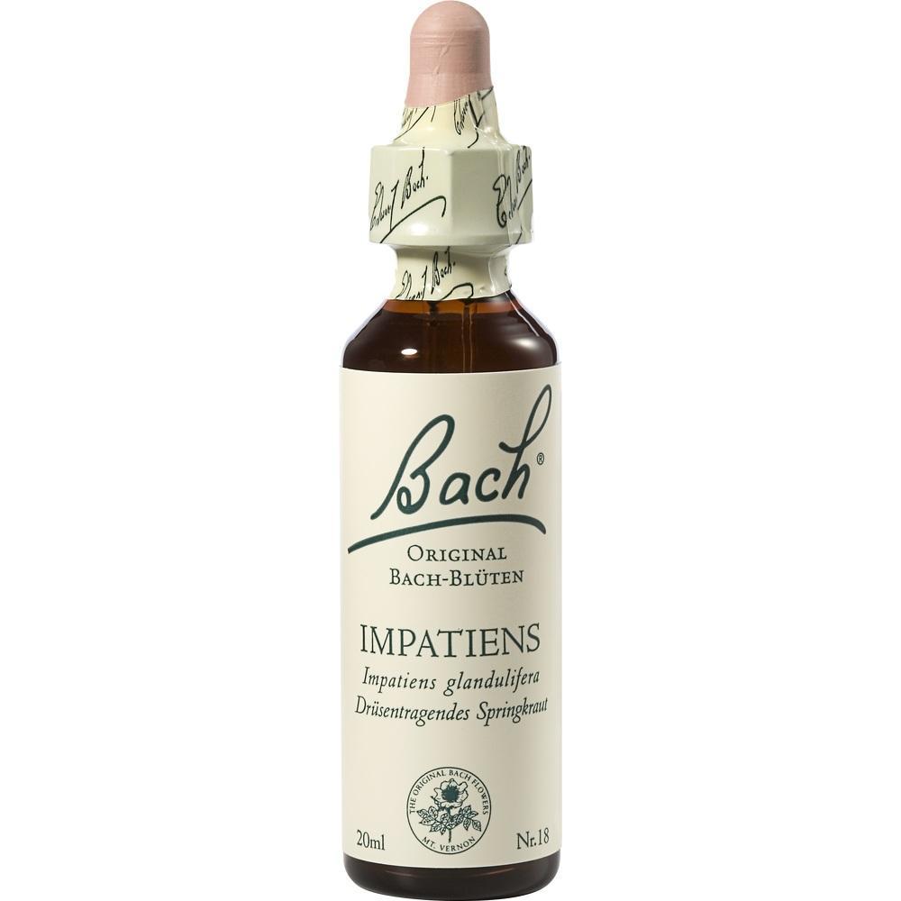 Braune Flasche mit Pipette, beschriftet mit "Bach-Blüten Impatiens".