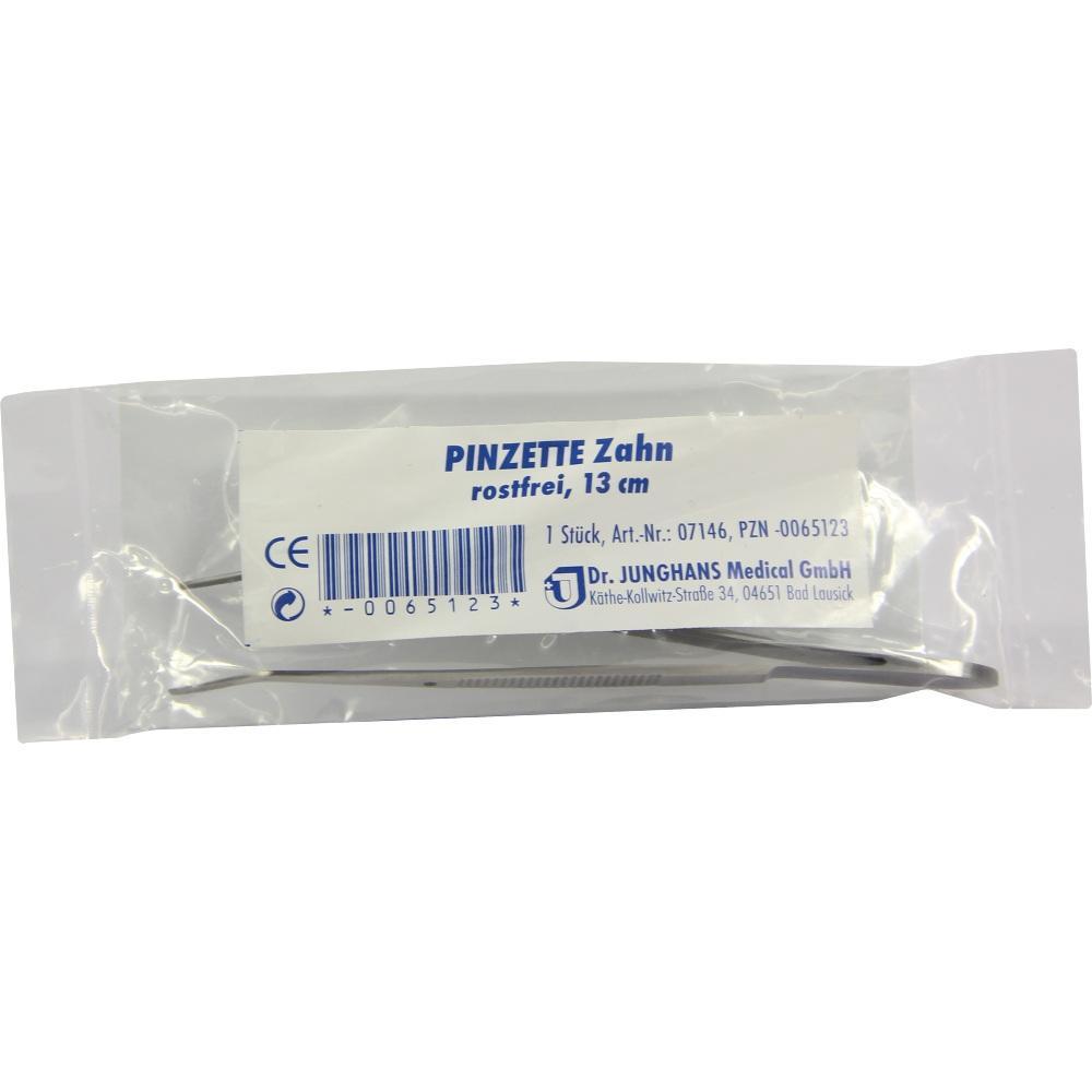 Eine verpackte, rostfreie Zahn-Pinzette mit 13 cm Länge.