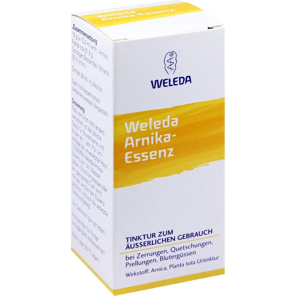 Eine weiße Packung mit gelber Aufschrift "Weleda Arnika-Essenz".