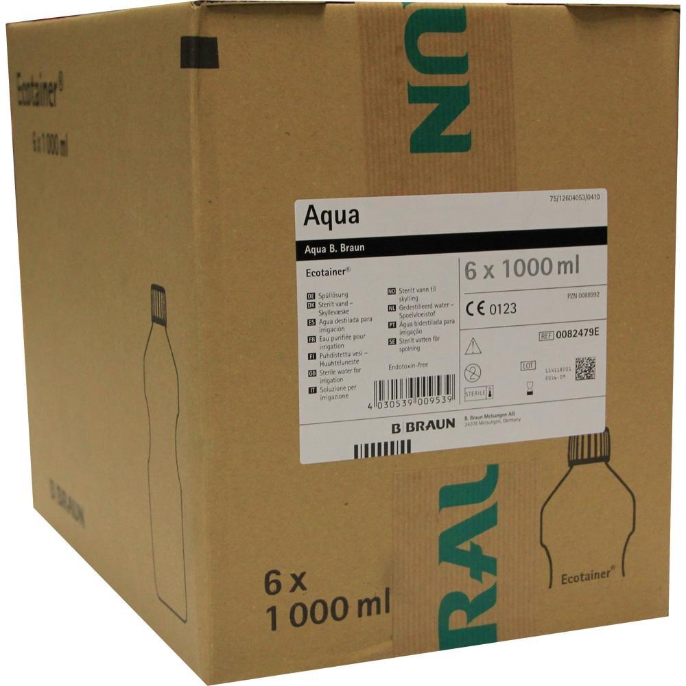 Ein brauner Karton mit der Aufschrift "6 x 1000 ml Aqua", von B. Braun.