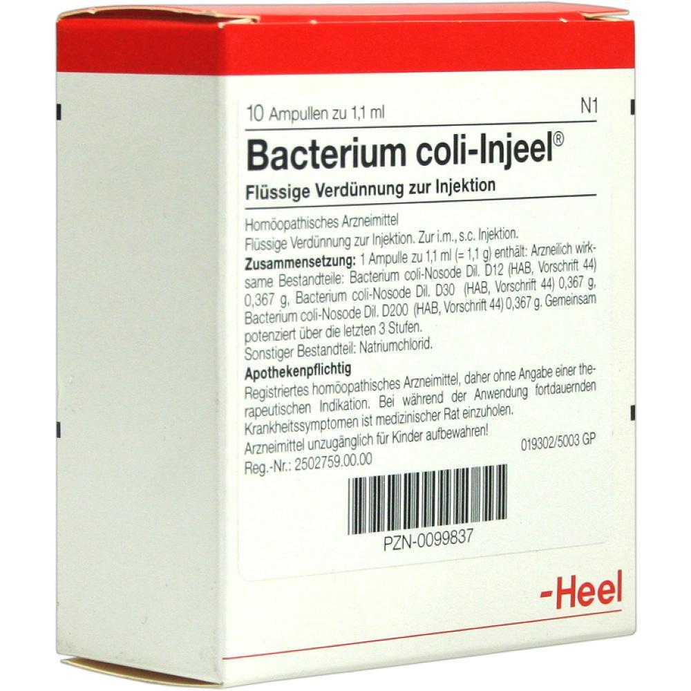 Verpackung einer homöopathischen Injektionslösung namens "Bacterium coli-Injeel".