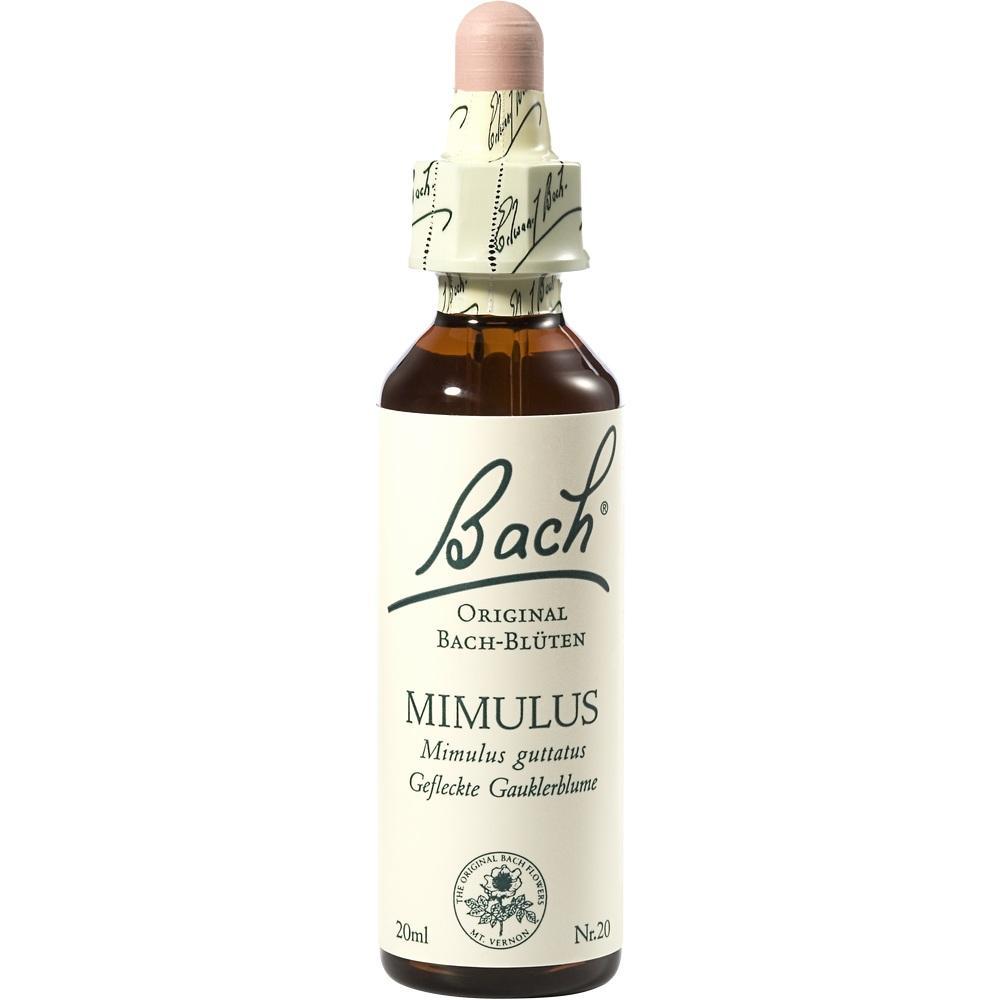Braune Glasflasche mit weißem Etikett, darauf steht "Bach Original Bach-Blüten Mimulus".