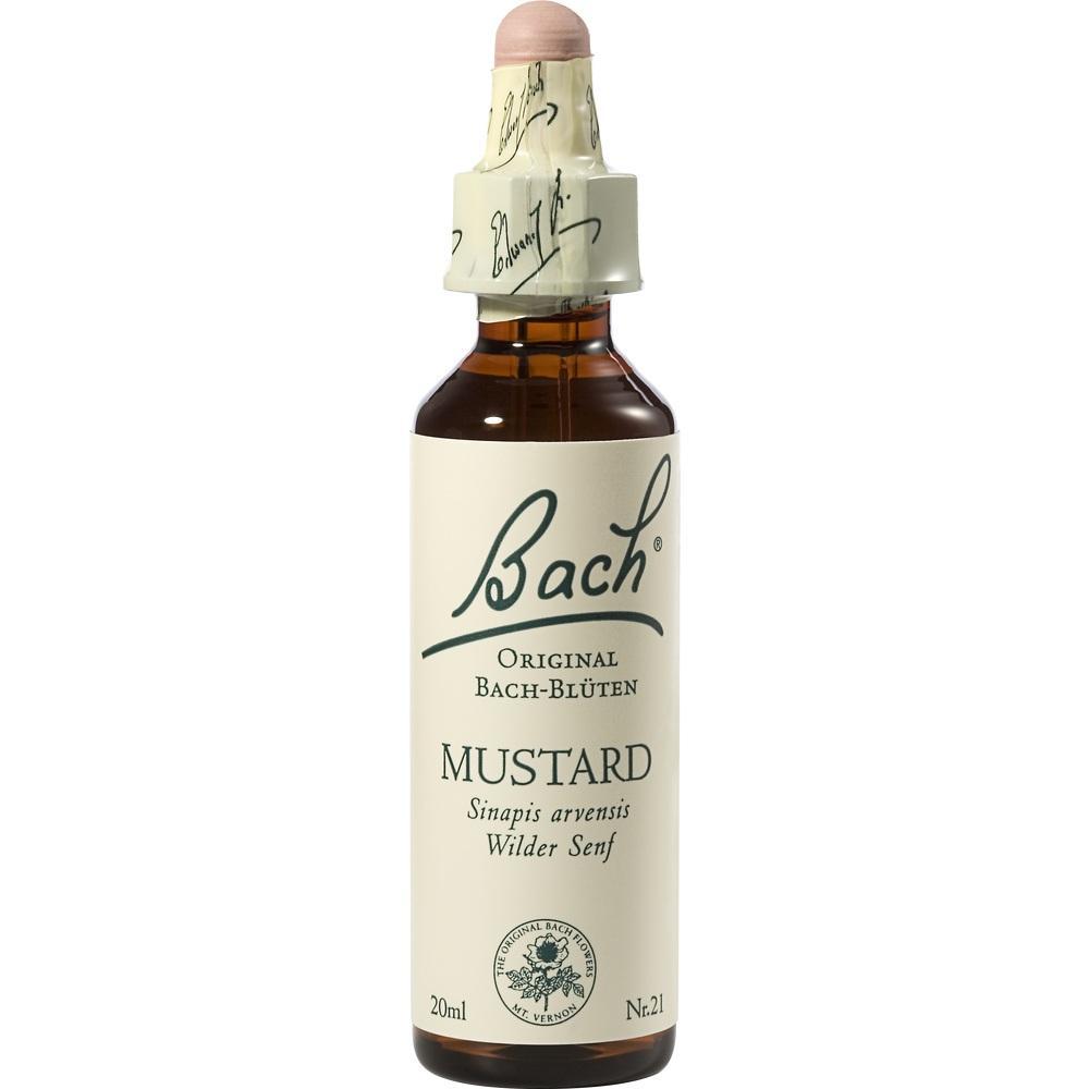 Braune Flasche mit der Aufschrift "Bach Original Bach-Blüten Mustard".
