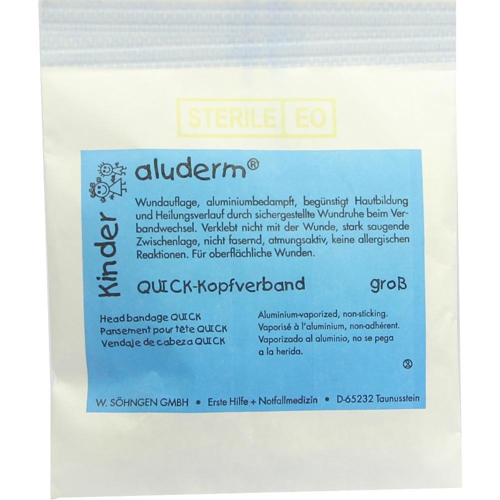 Die Verpackung zeigt einen sterilen Kopfverband für Kinder von aluderm.