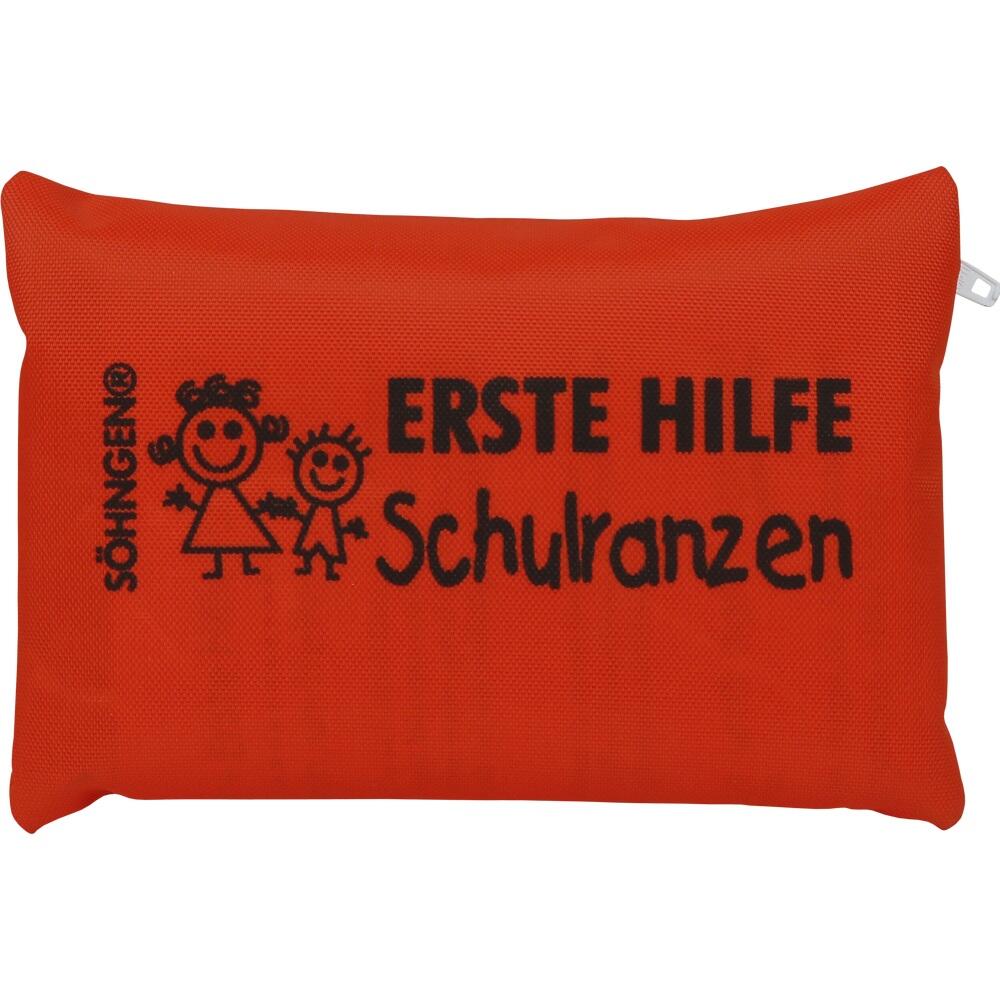 Rotes Erste-Hilfe-Set mit fröhlichen Strichfiguren für Schulranzen.