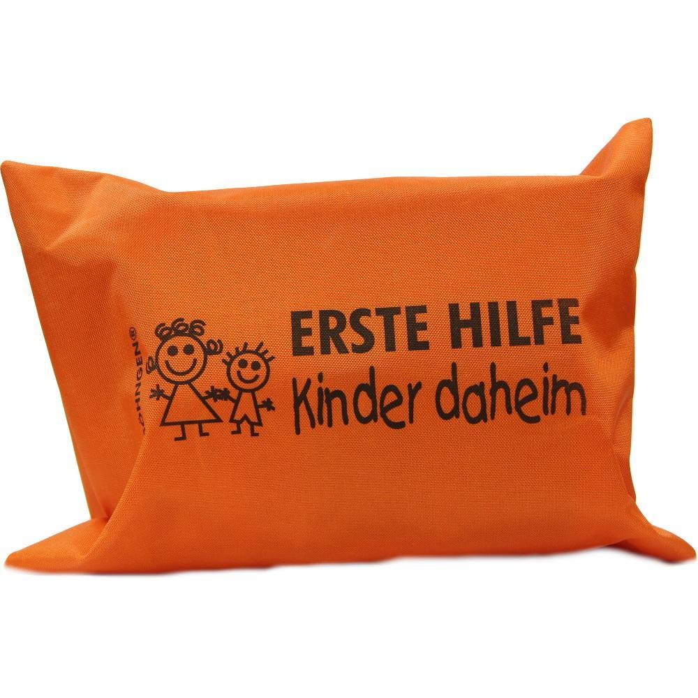 Ein orangefarbener Erste-Hilfe-Beutel für Kinder daheim.