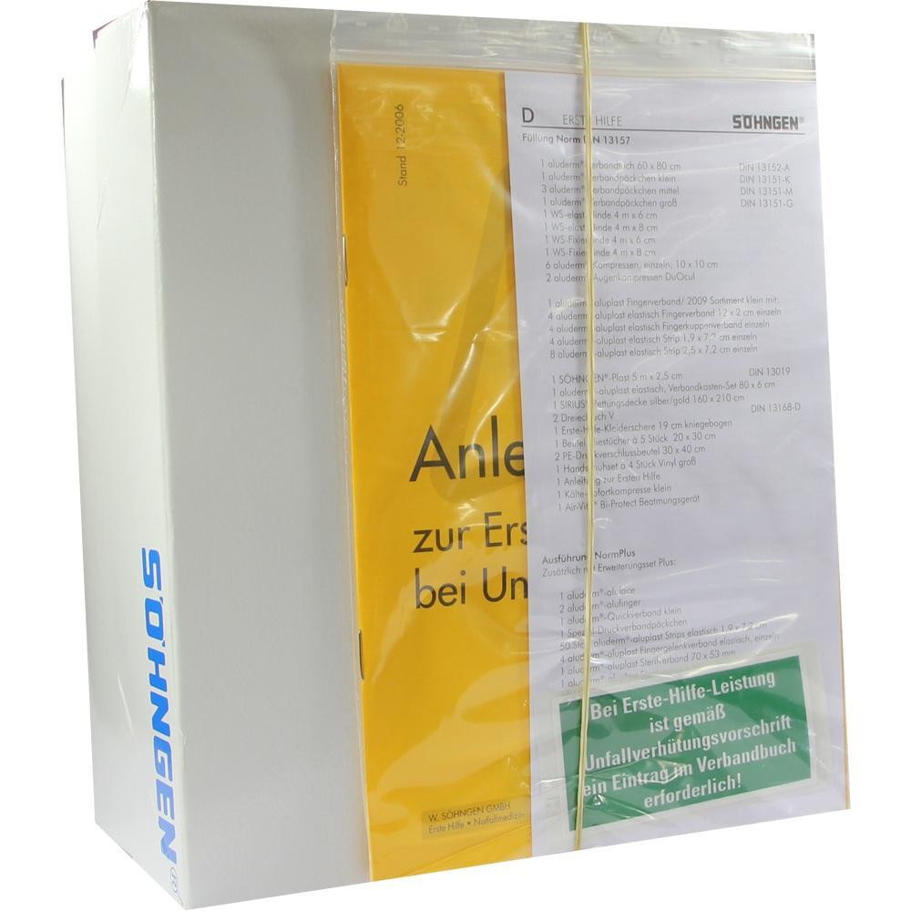 Ein weißer Erste-Hilfe-Kasten mit gelbem Anleitungsheft und Listen ist abgebildet.