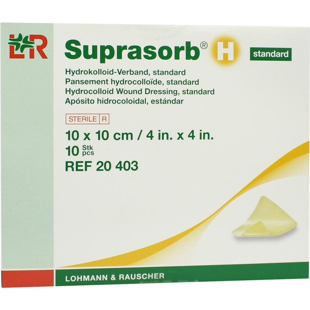 Verpackung eines Hydrocolloid-Verbands namens Suprasorb in 10x10 cm Größe.