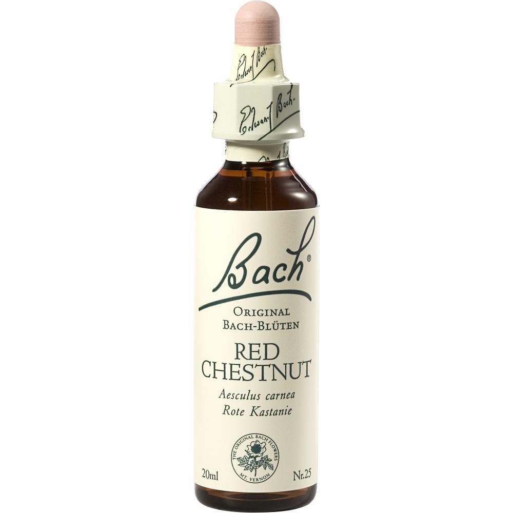 Braune Flasche mit weißem Etikett und der Aufschrift "Bach Red Chestnut".