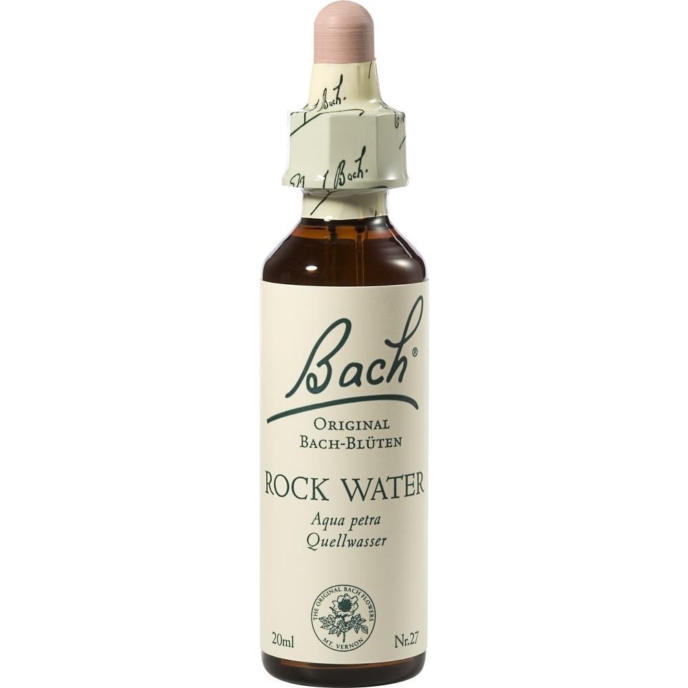 Braune Flasche mit der Aufschrift "Bach Rock Water" und einem Tropfverschluss.