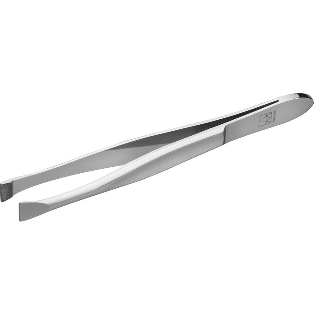 Eine silberne Pinzette mit abgerundeten Spitzen liegt auf einem weißen Hintergrund.
