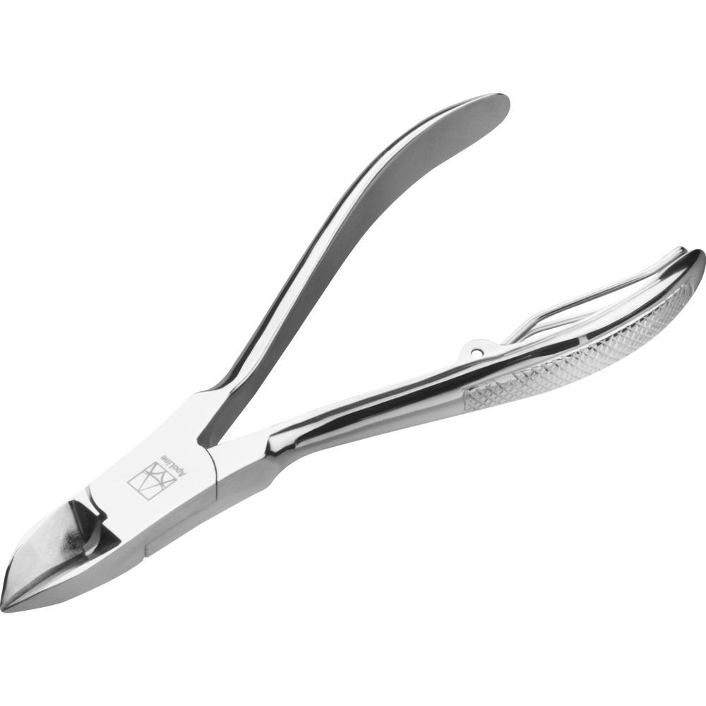 Silberne Nagelzange mit gebogenen Griffen vor weißem Hintergrund.