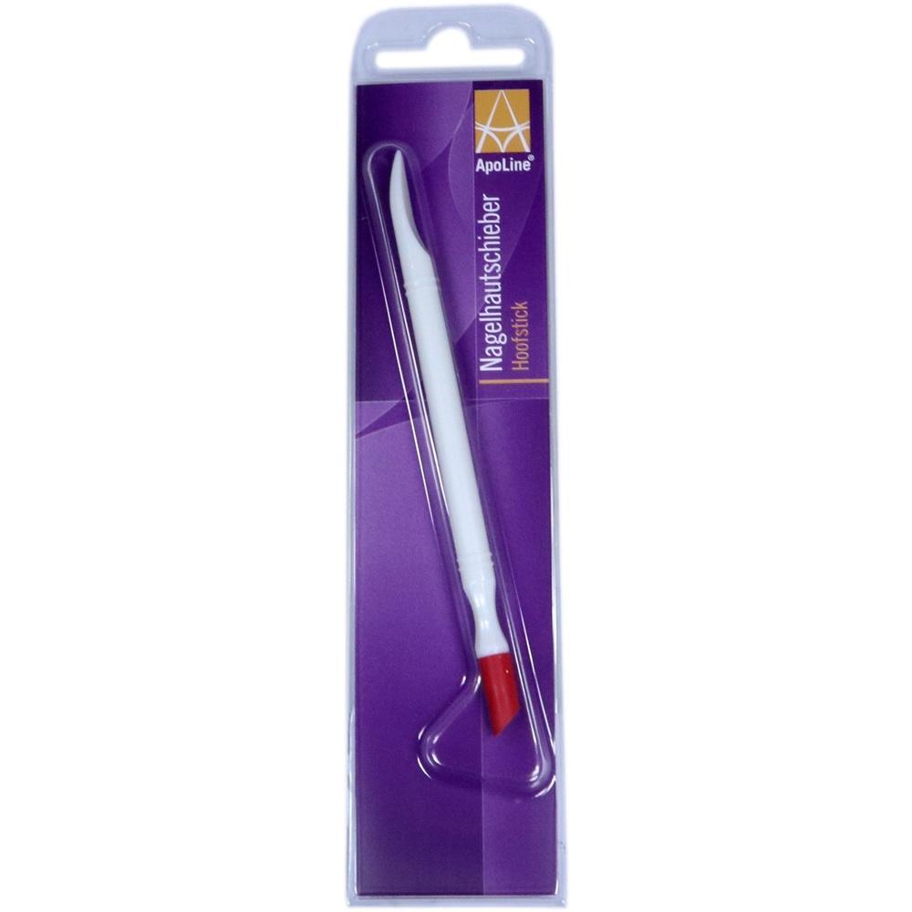 Verpackter Nagelhautschieber mit weißem Griff und roter Spitze.