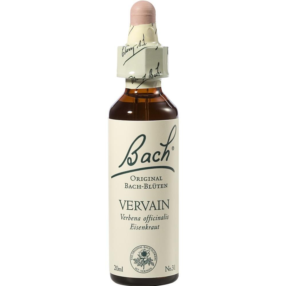 Eine Flasche Bachblüten-Essenz namens Vervain, mit einem Tropfverschluss.