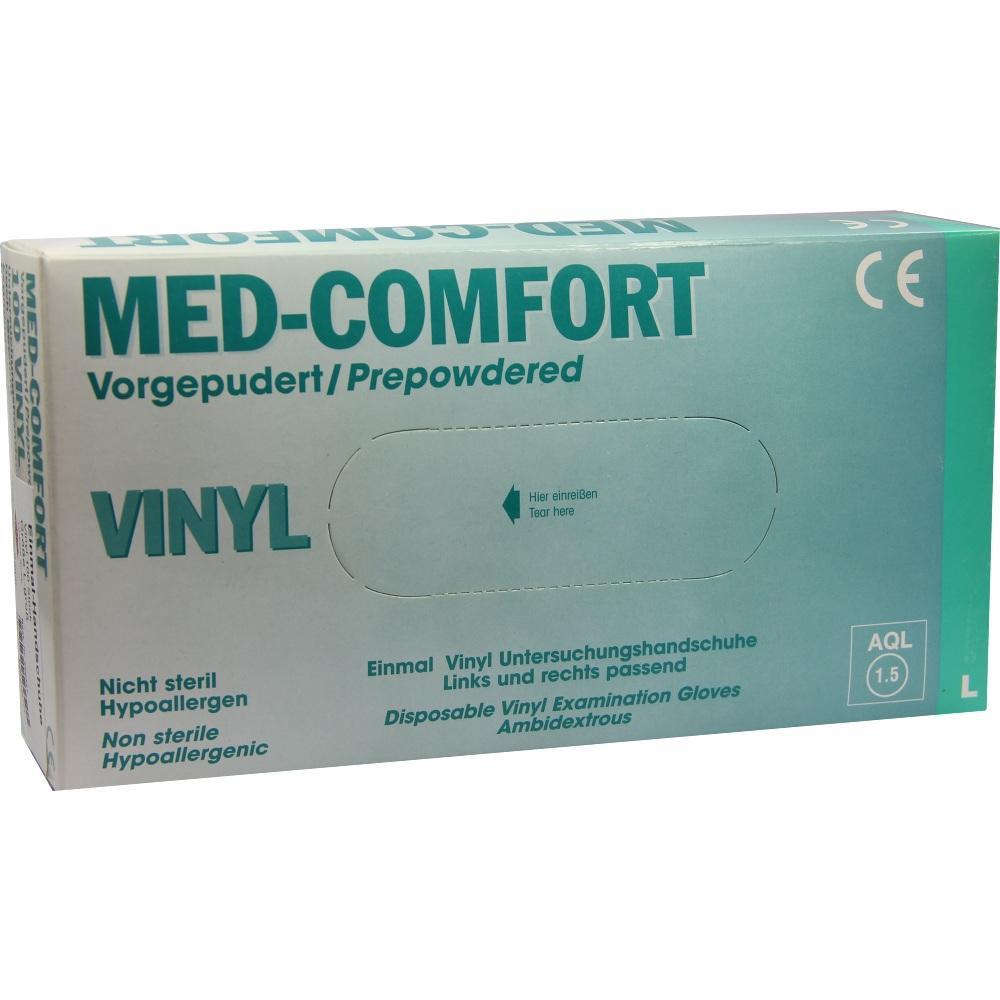 Schachtel mit gepuderten Vinyl-Untersuchungshandschuhen, hypoallergen und nicht steril.