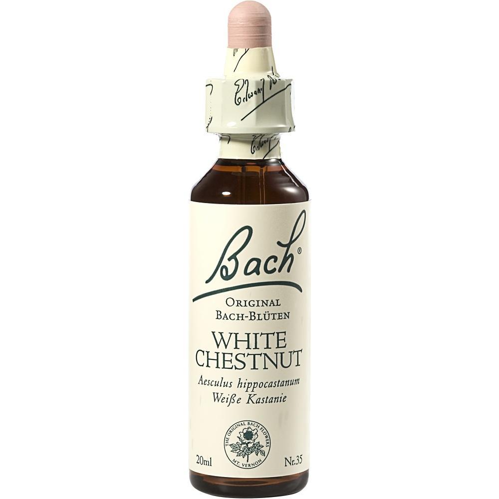 Braunes Fläschchen mit einer Pipette, darauf steht "Bach White Chestnut".