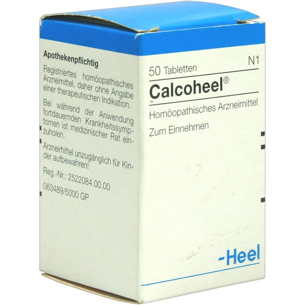 Weiße Arzneimittelverpackung mit der Aufschrift "Calcoheel" und blauen Akzenten.
