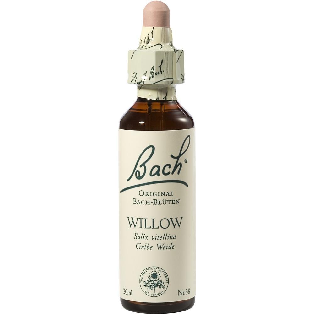 Flasche mit einem Etikett mit der Aufschrift "Bach Willow Original Bach-Blüten".