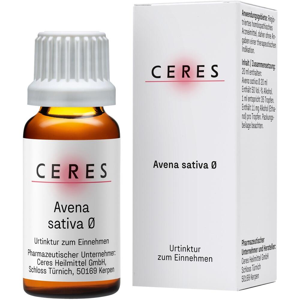 Braunes Fläschchen mit weißem Etikett und Verpackung, Aufschrift "CERES Avena sativa Ø".