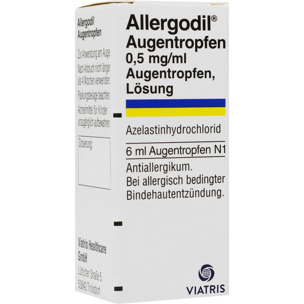 Verpackung von Allergodil Augentropfen, 6 ml, zur Behandlung von allergischen Augenproblemen.