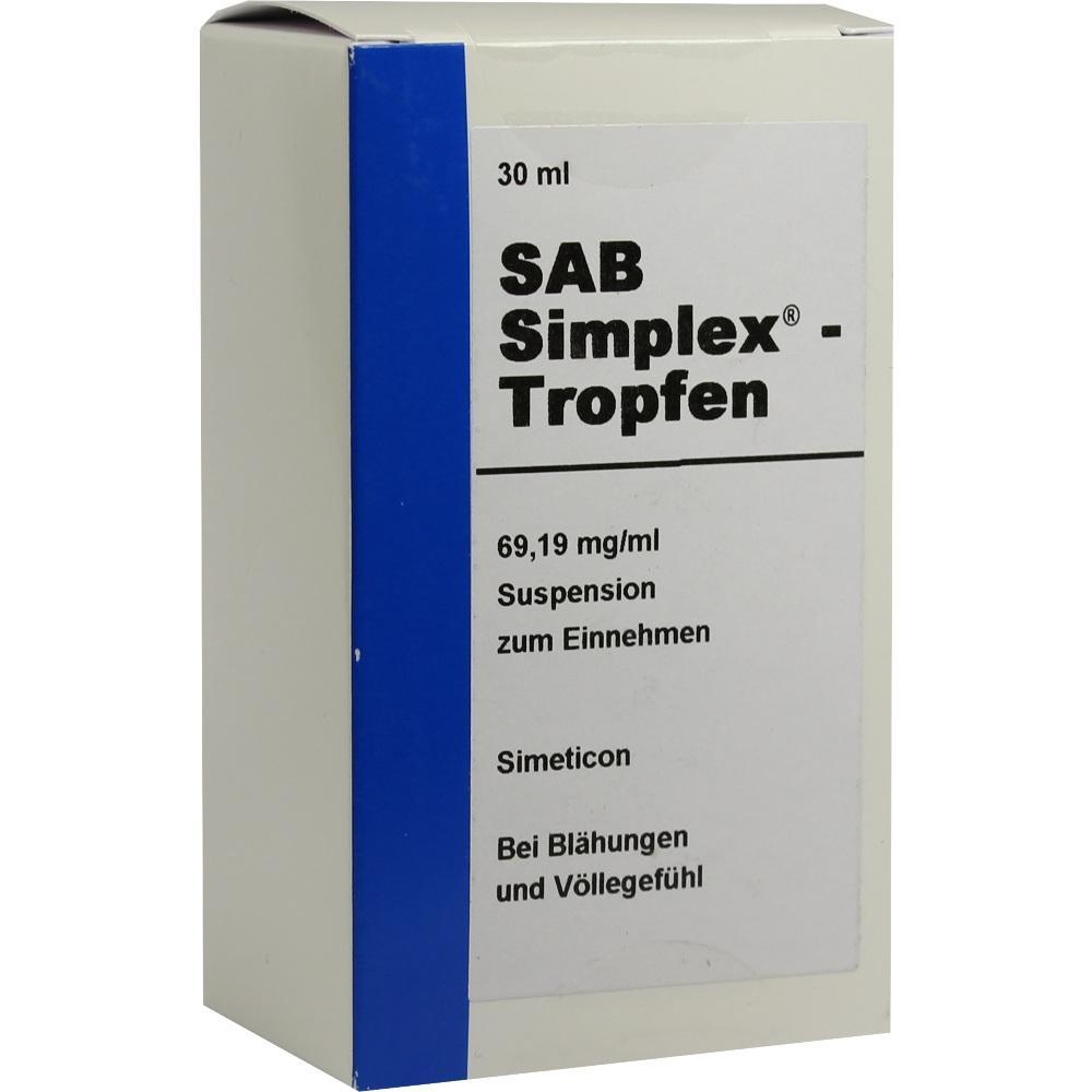 Eine Packung SAB Simplex-Tropfen gegen Blähungen und Völlegefühl.