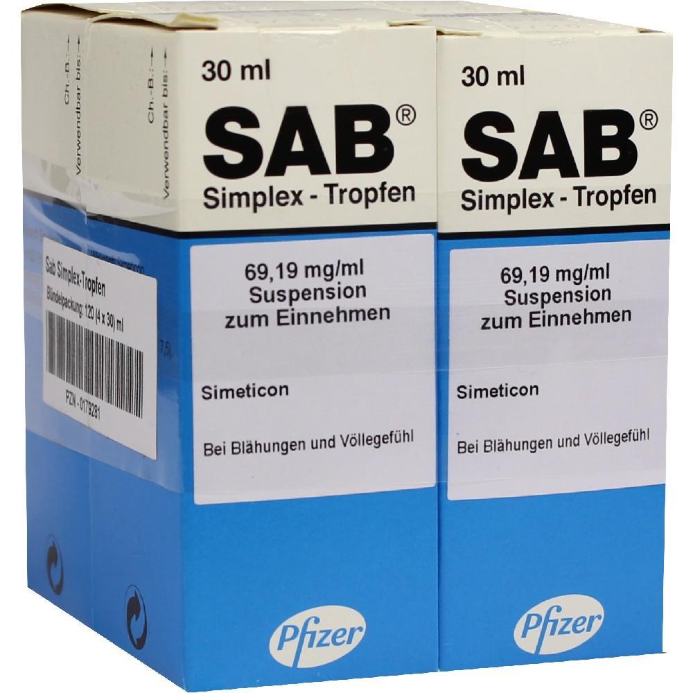 Zwei Packungen SAB Simplex-Tropfen zur Linderung von Blähungen und Völlegefühl.