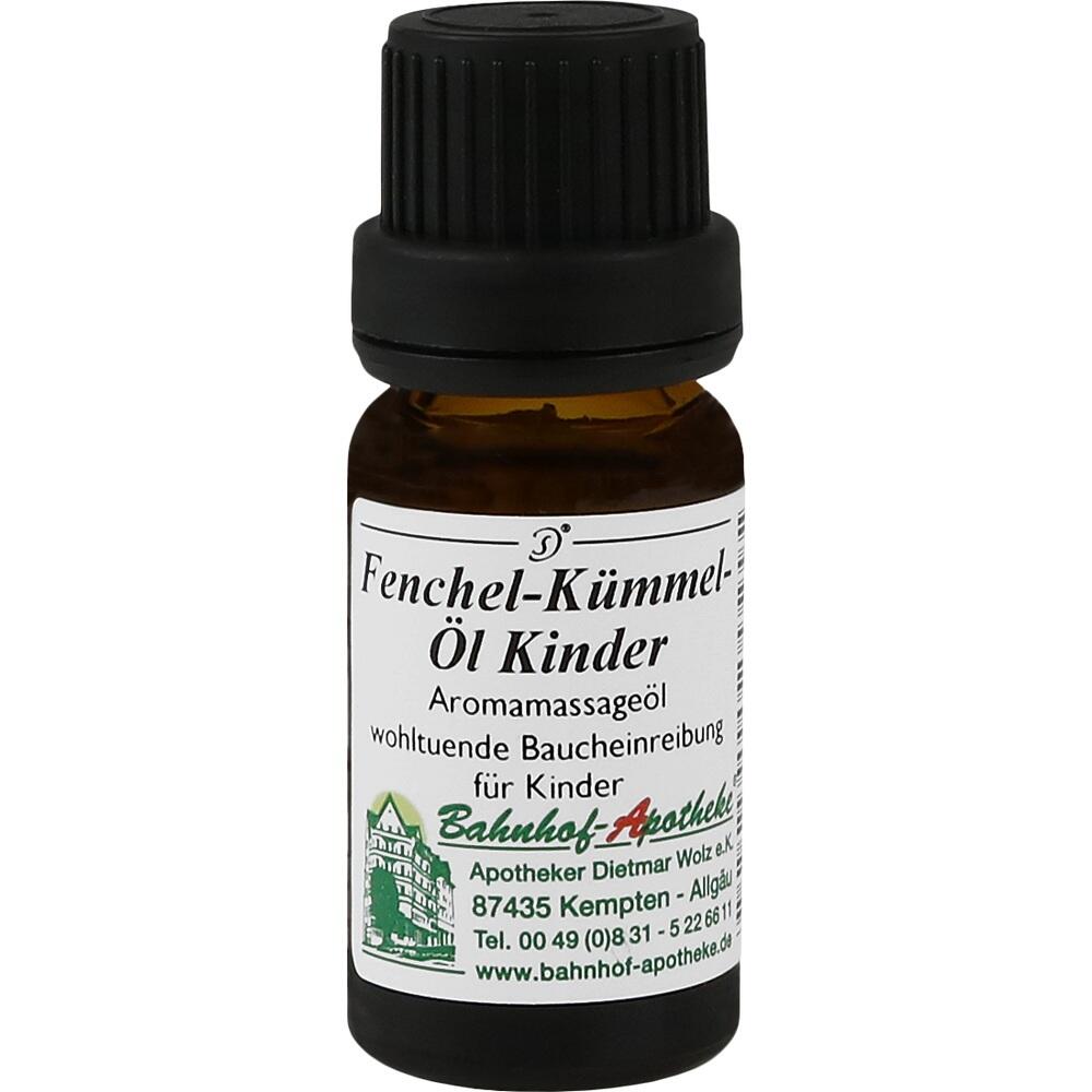 Braunes Fläschchen mit Etikett für Fenchel-Kümmel-Öl, geeignet für Kinder.