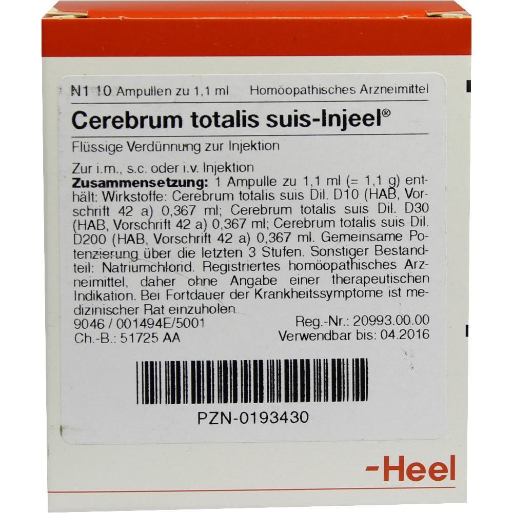 Verpackung eines homöopathischen Arzneimittels mit der Aufschrift "Cerebrum totalis suis-Injeel".