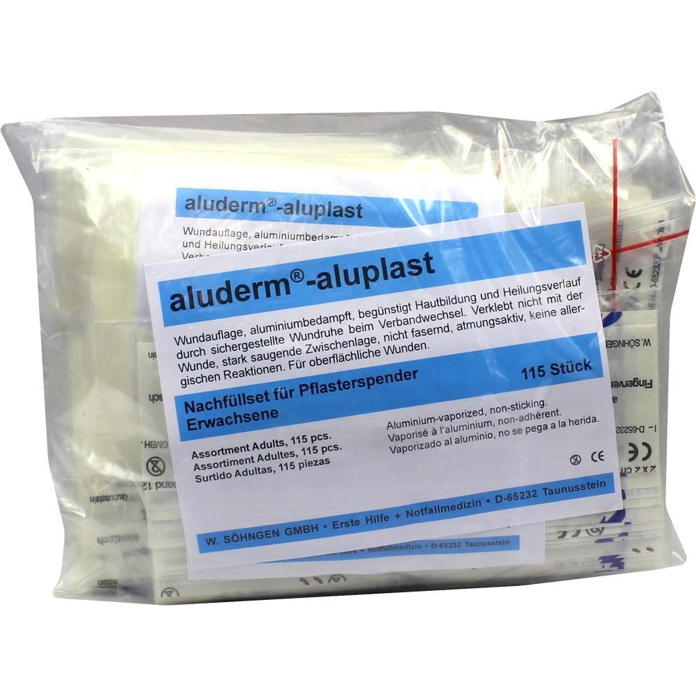 Plastikbeutel mit 115 Aluplast-Wundauflagen für Erwachsene von aluderm.