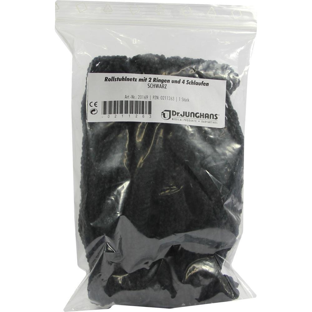 Eine geschlossene Plastiktüte enthält ein schwarzes Rollstuhlnetz mit Etikett.
