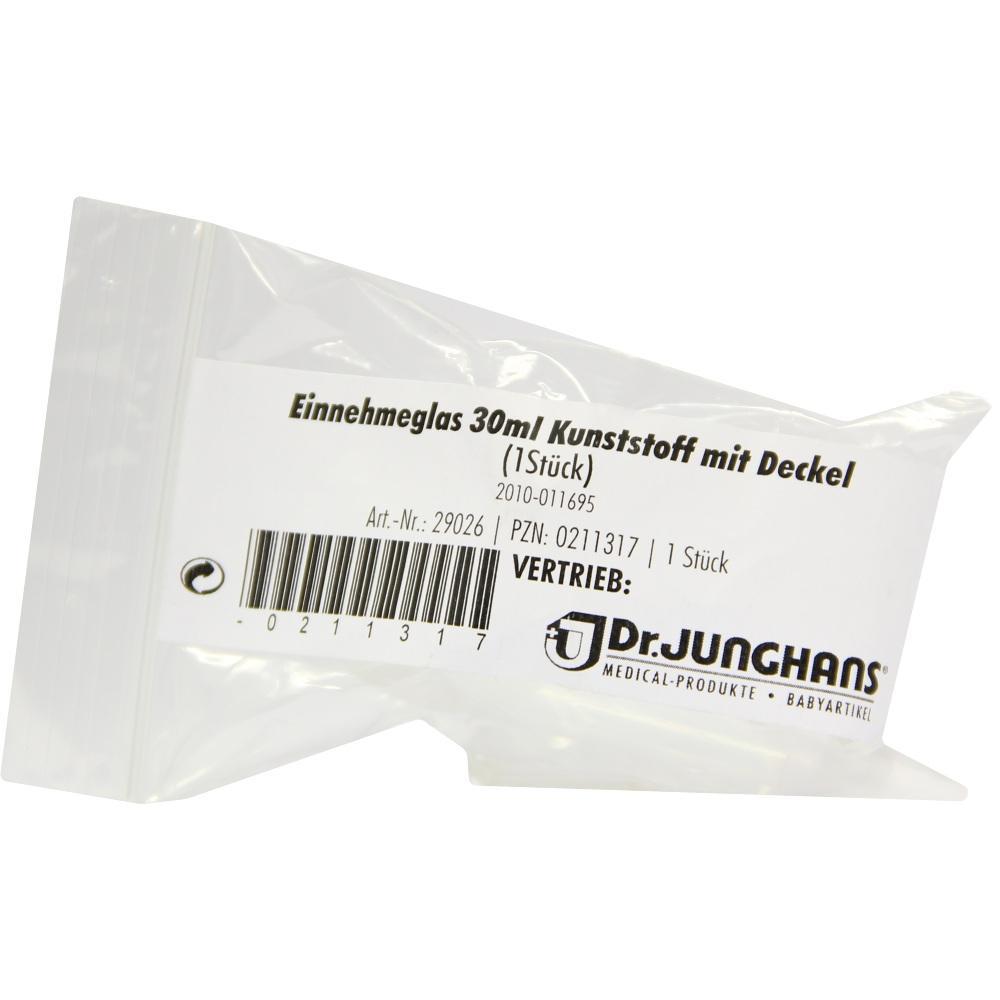 Die Verpackung zeigt ein 30 ml Einweg-Einnahmeglas aus Kunststoff mit Deckel.