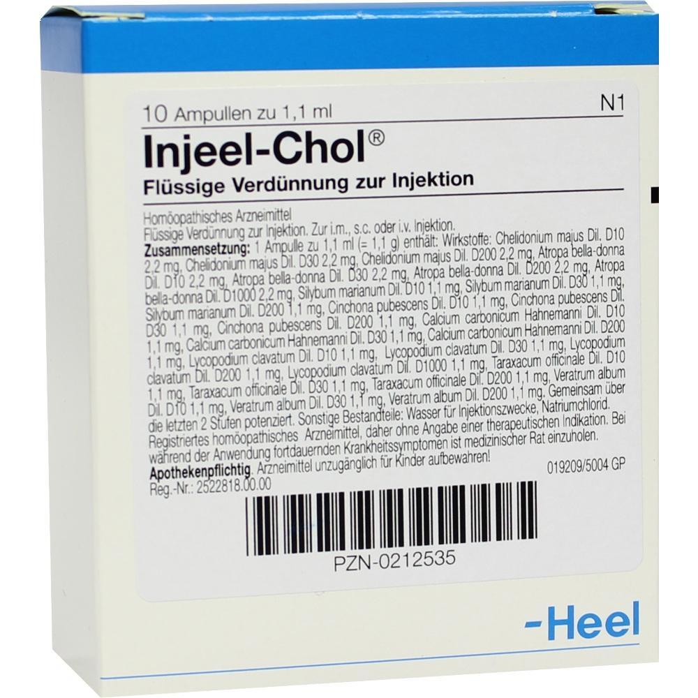Verpackung von Injeel-Chol enthält 10 Ampullen für Injektionen mit homöopathischen Inhaltsstoffen.