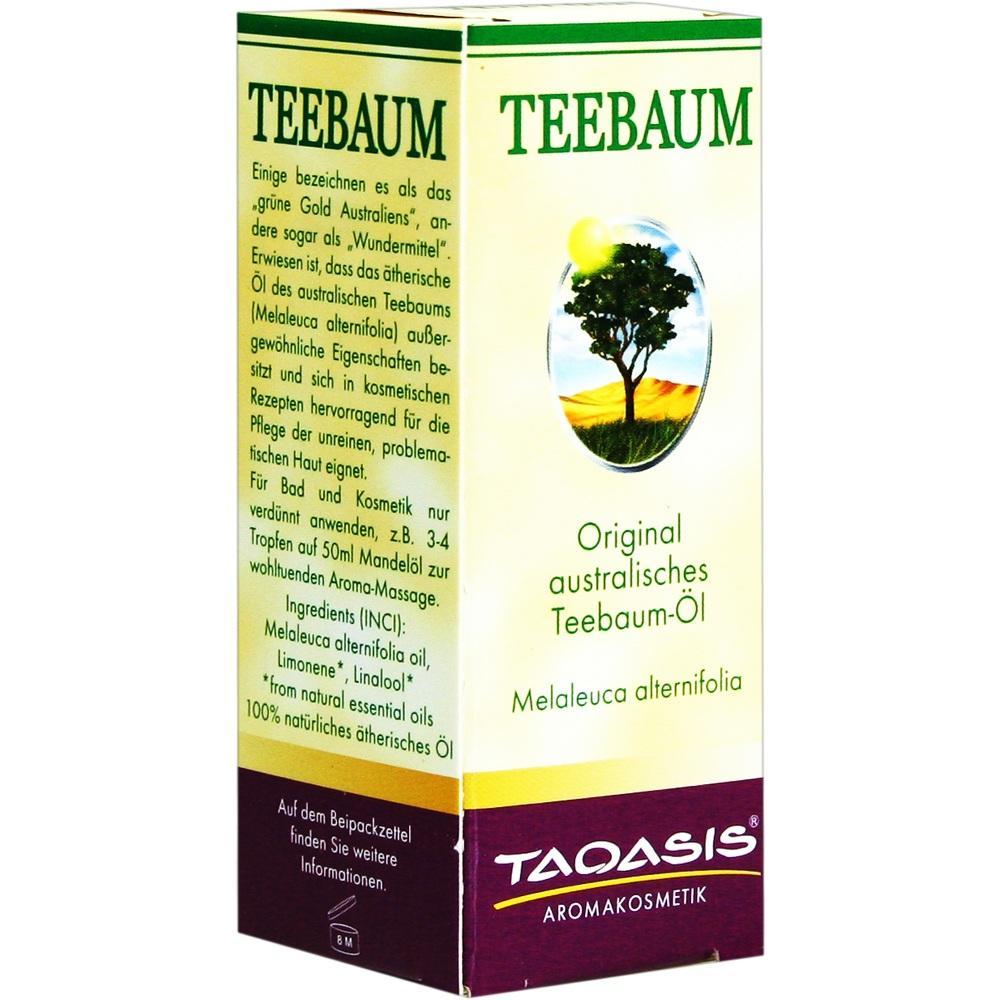 Verpackung von australischem Teebaumöl mit Bild eines Baumes.