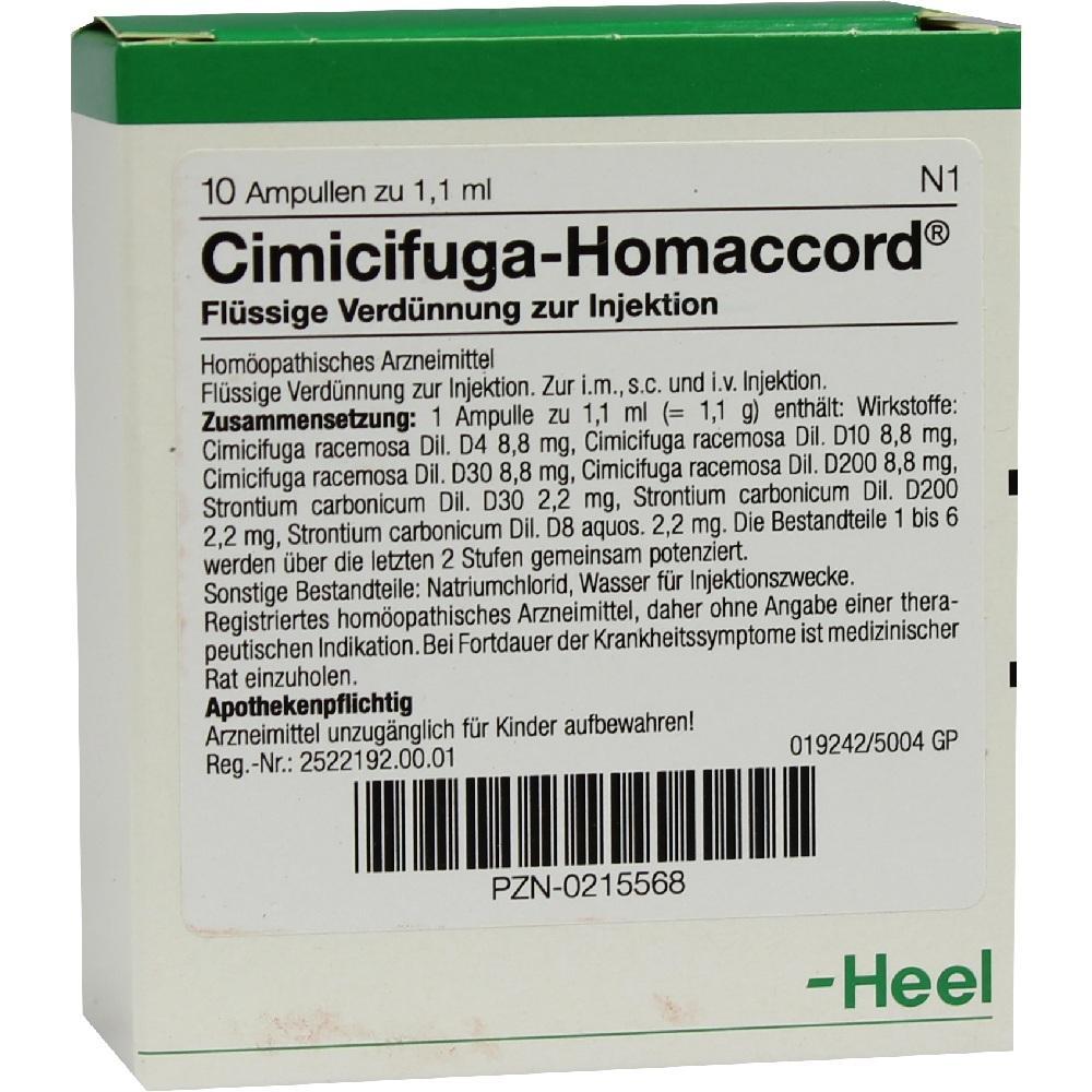 Packung mit homöopathischem Injektionsmittel namens Cimicifuga-Homaccord.