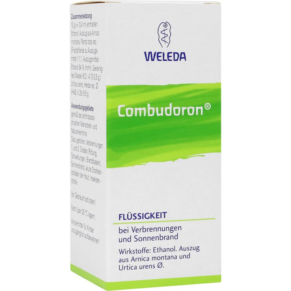 Weiße Verpackung mit grünem Streifen, darauf steht "Combudoron" und "bei Verbrennungen und Sonnenbrand".