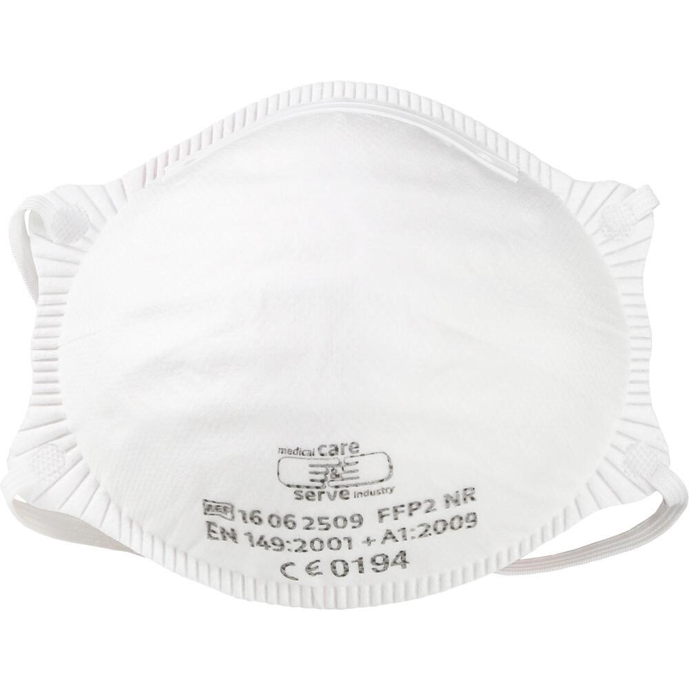 Eine weiße FFP2-Maske mit Aufschriften auf der Vorderseite.