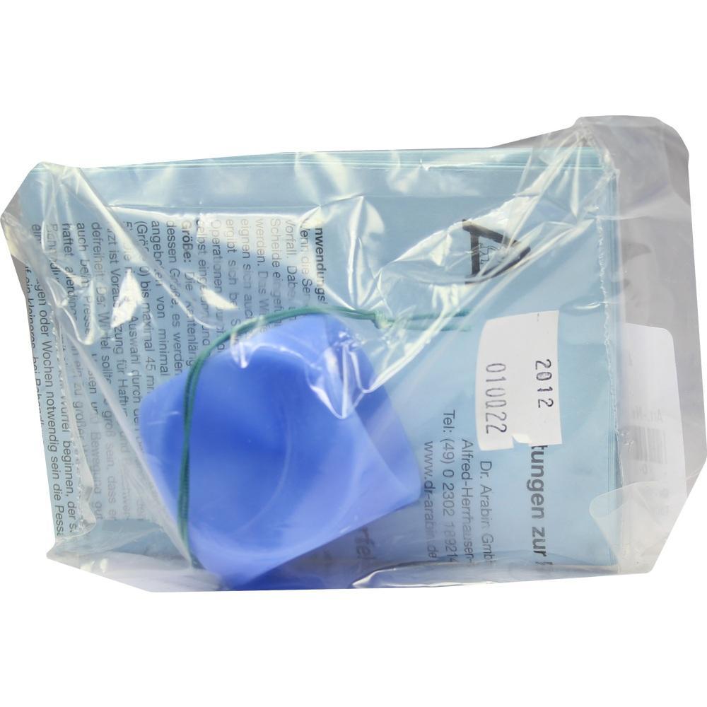 Eine blaue, versiegelte Plastikverpackung mit Text und einem runden Gegenstand darin.