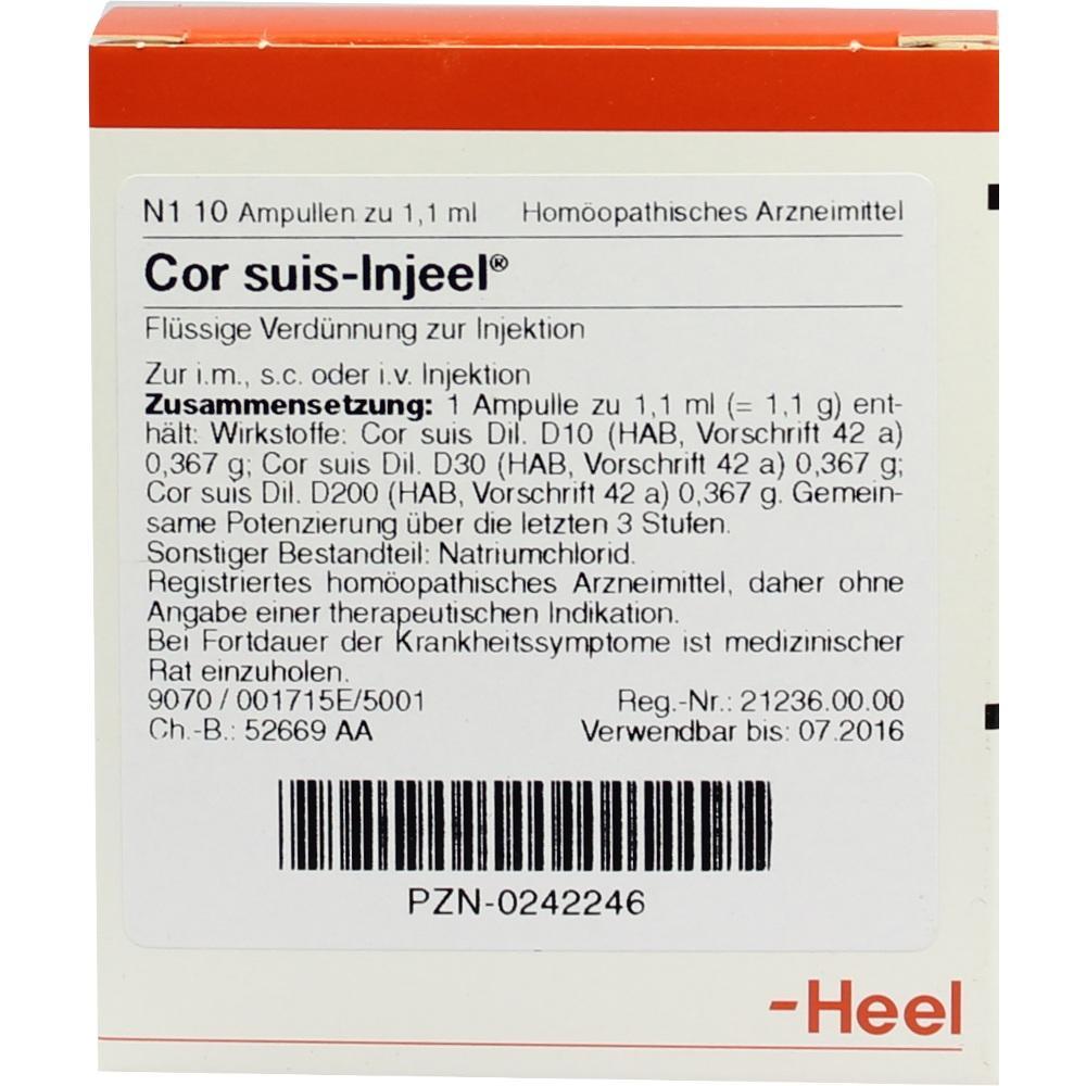 Eine Verpackung des homöopathischen Mittels "Cor suis-Injeel" mit Inhaltsangaben.